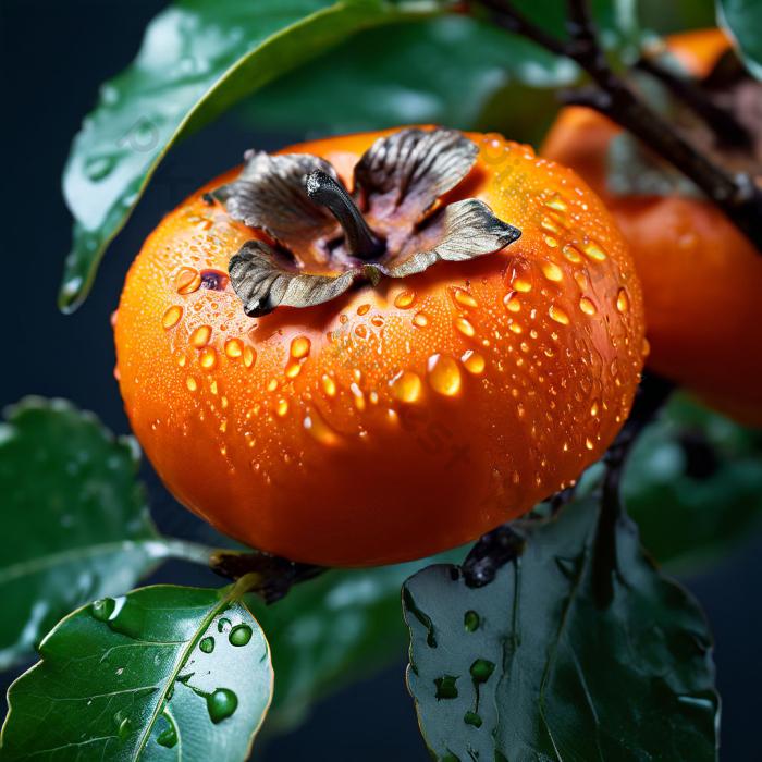 Caqui japonés con gotas de agua entre hojas